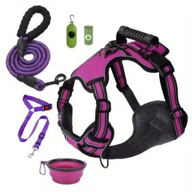 Tactical Service Dog Harness Strap Set, Car Seat Belt, Collapsible Bowl, Biodegradable Trash Bag Set For Dogs (Option: Purple-XL)