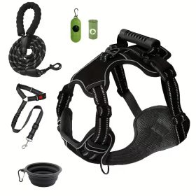 Tactical Service Dog Harness Strap Set, Car Seat Belt, Collapsible Bowl, Biodegradable Trash Bag Set For Dogs (Option: Black-XL)