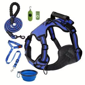 Tactical Service Dog Harness Strap Set, Car Seat Belt, Collapsible Bowl, Biodegradable Trash Bag Set For Dogs (Option: Blue-L)