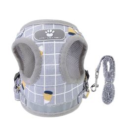 Pet Mesh Harness Dog Leash Set Reflective Chest Strap Adjustable Puppy Vest For Puppies Breeds Dogs Cats Walking Outdoor (Option: GreyCheckered_S)