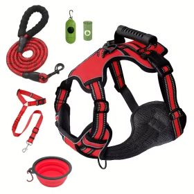 Tactical Service Dog Harness Strap Set, Car Seat Belt, Collapsible Bowl, Biodegradable Trash Bag Set For Dogs (Option: Red-XL)
